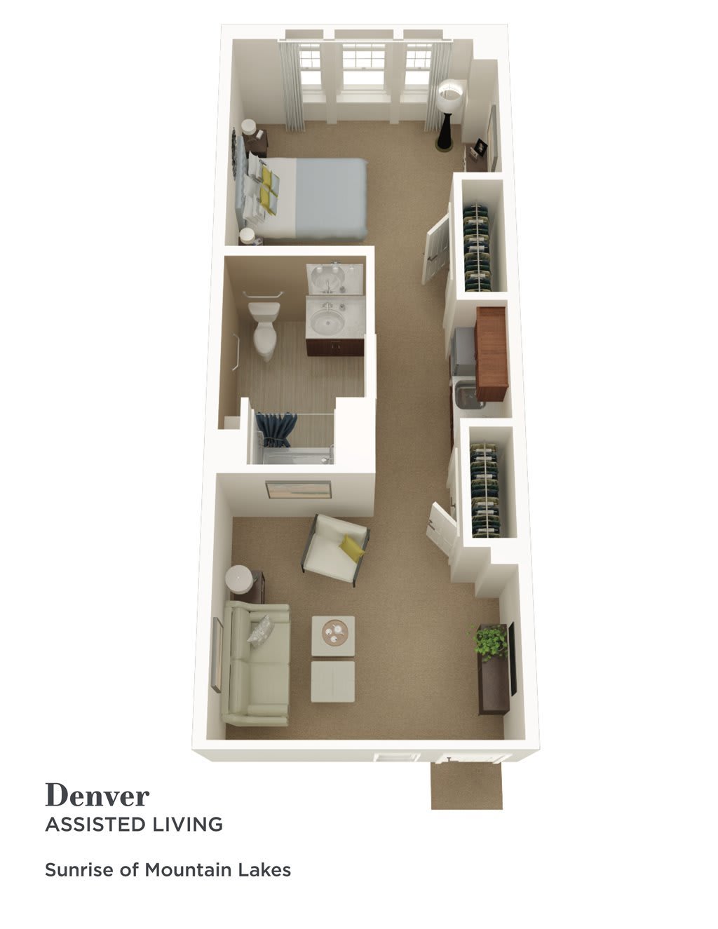 A 3D floor plan of a one-bedroom apartment including living room, kitchen, and bathroom.