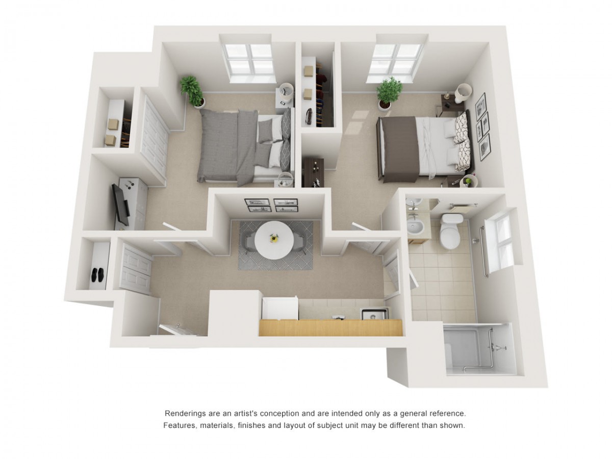 A 3D floor plan of a two-bedroom apartment featuring a living area, kitchen, and bathroom.