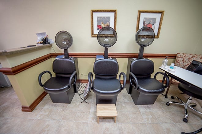 A row of salon chairs equipped with overhead hair dryers.