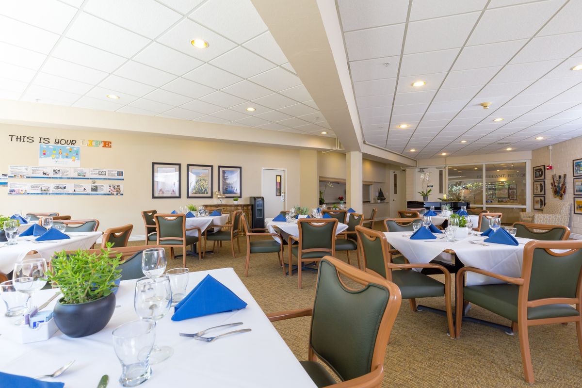 A well-arranged dining room with neatly set tables, featuring blue napkins and green chairs.
