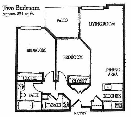 A floor plan of a two-bedroom apartment with living room, dining area, kitchen, and patio.