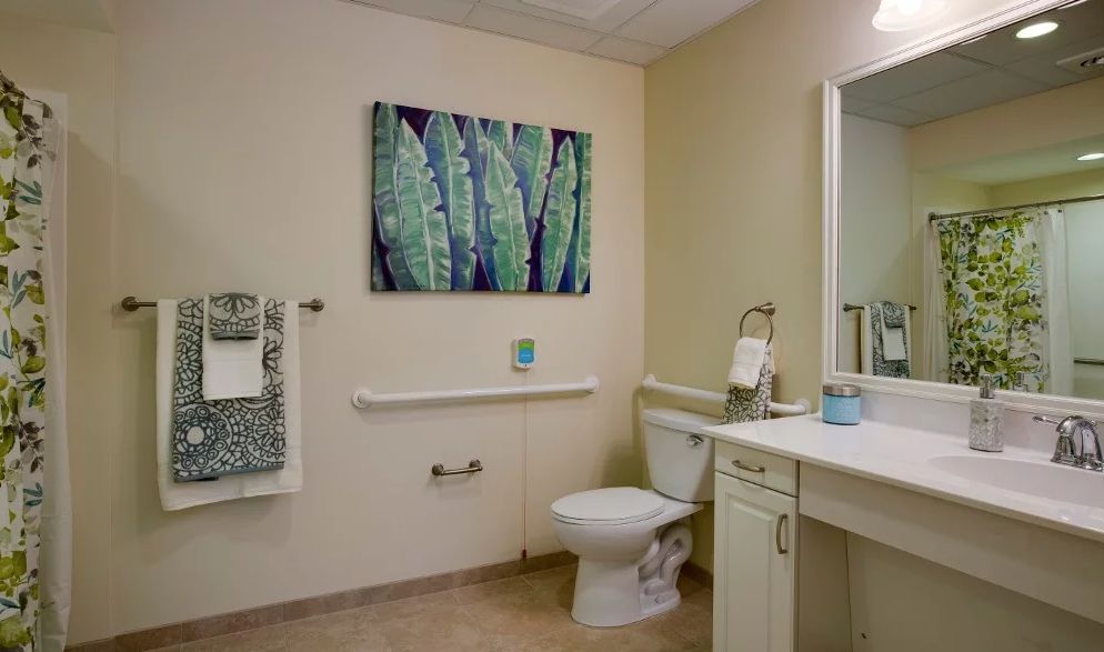 A neatly designed bathroom featuring a toilet, sink with a mirror, and wall artwork.