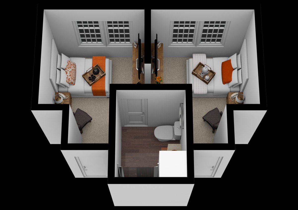A 3D floor plan of a shared dorm room featuring two separate sleeping areas, each with a bed and desk, and a central bathroom.