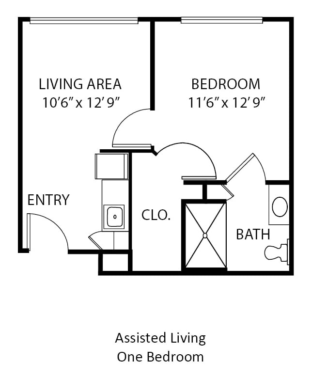 Floor plan of an assisted living apartment with designated areas for a living room, bedroom, bathroom, and closet.
