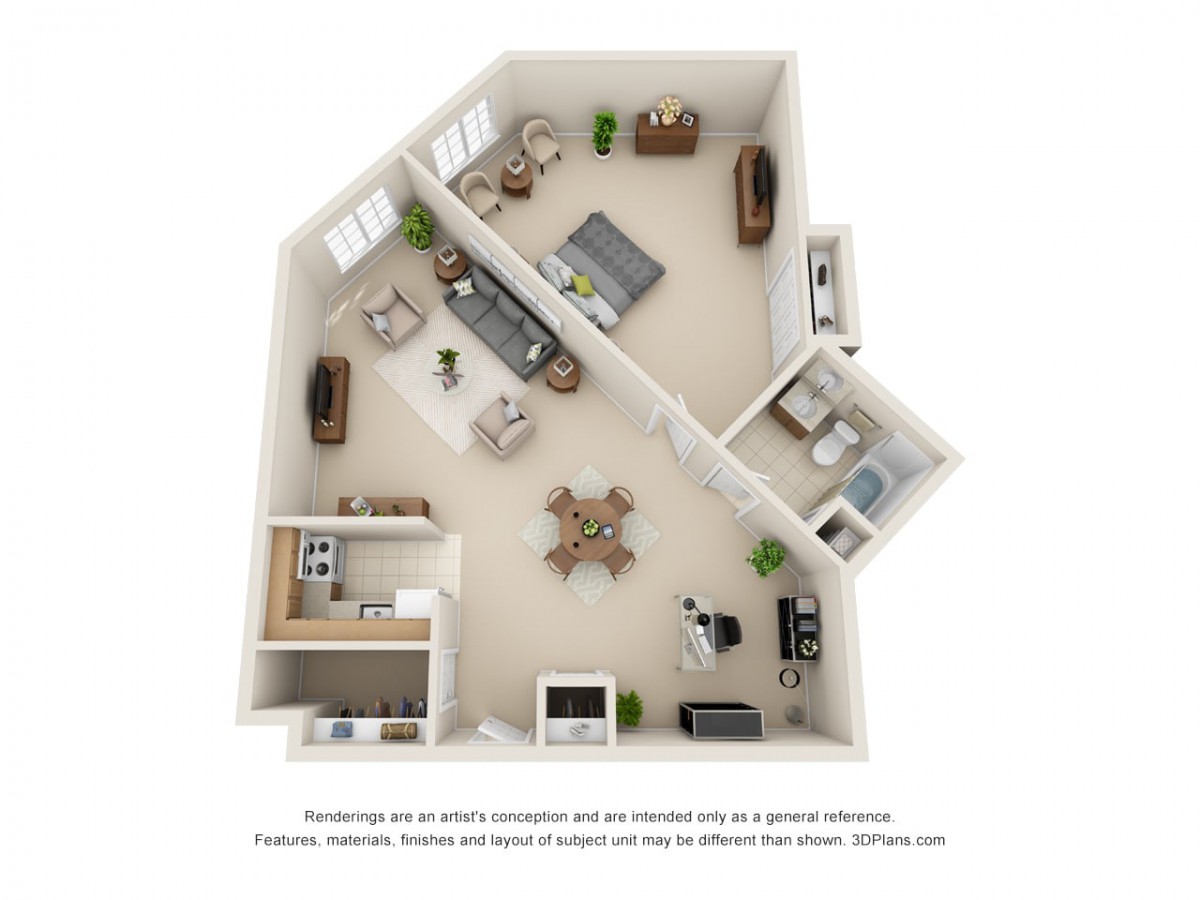 3D rendering of a modern apartment floor plan, showcasing an open-concept living area with kitchen and dining space.