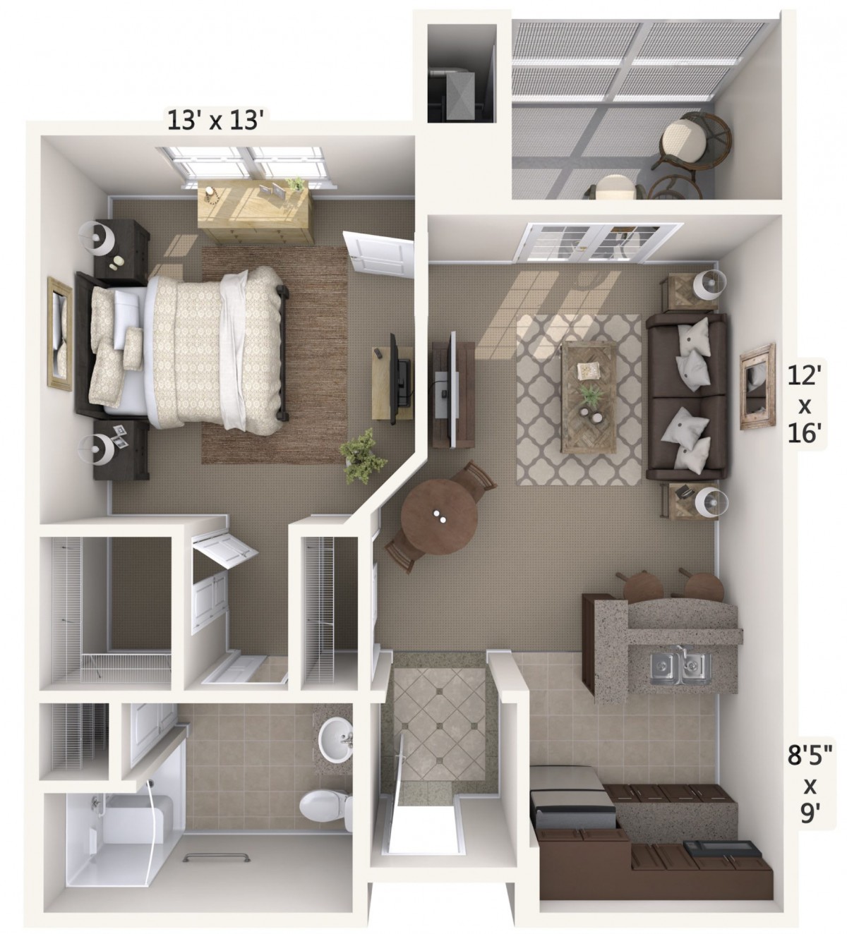 A floor plan of a one-bedroom apartment with labeled measurements, showcasing the layout and furniture arrangement.