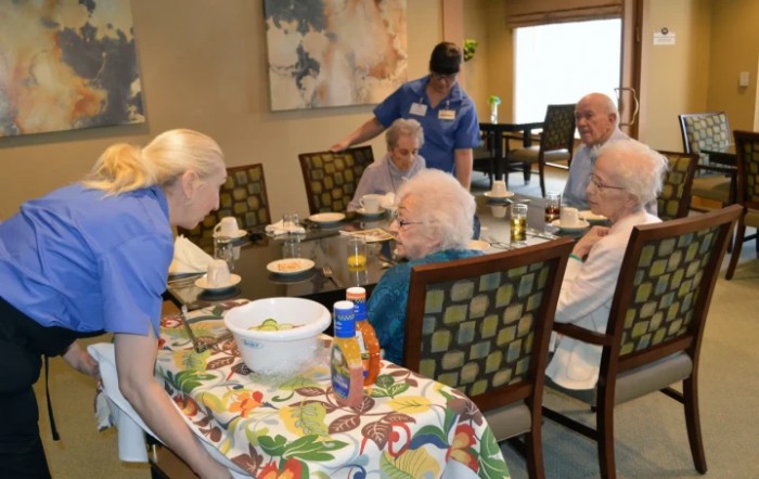 Elderly residents enjoying a meal in an assisted living facility with caregivers attending to their needs.