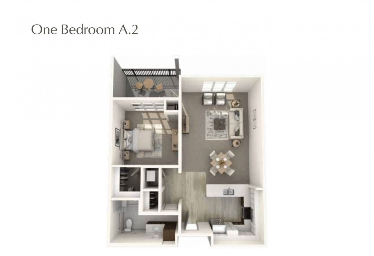 A 1-bedroom apartment floor plan with a living room, kitchen, bathroom, and balcony.