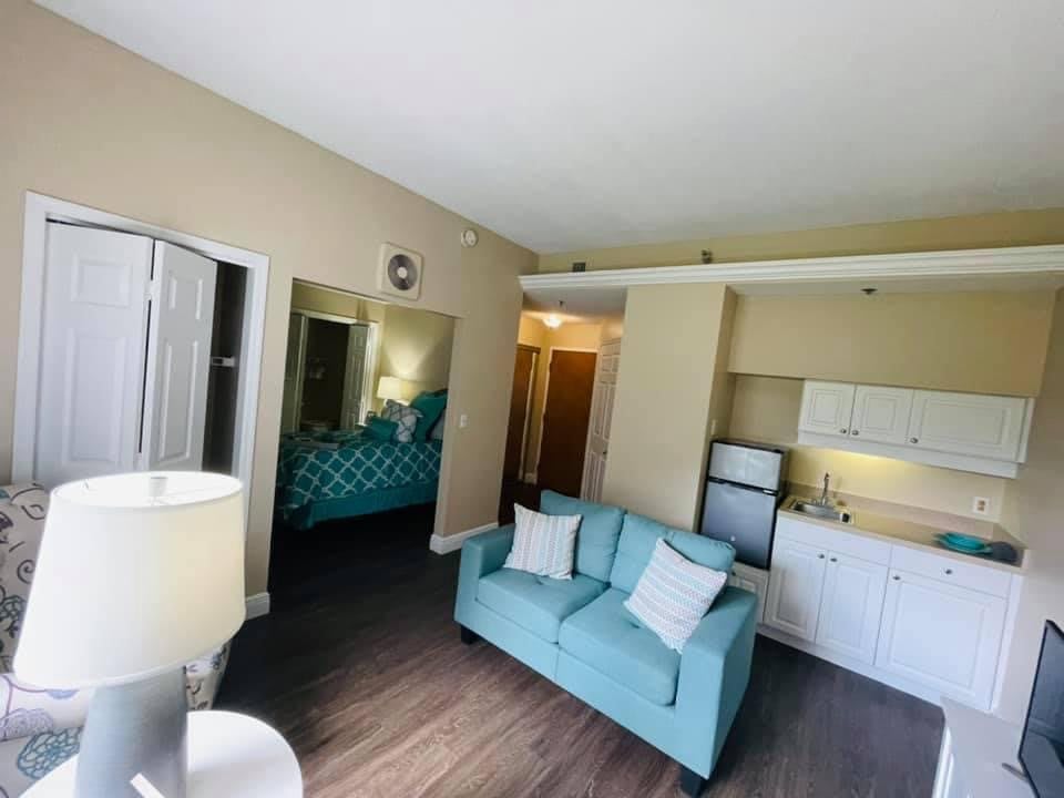 A modern apartment with a cozy living room, featuring a blue couch and kitchenette adjacent to a bedroom.