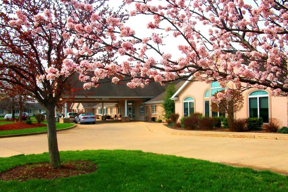 A beautiful building surrounded by blossoming trees in spring.