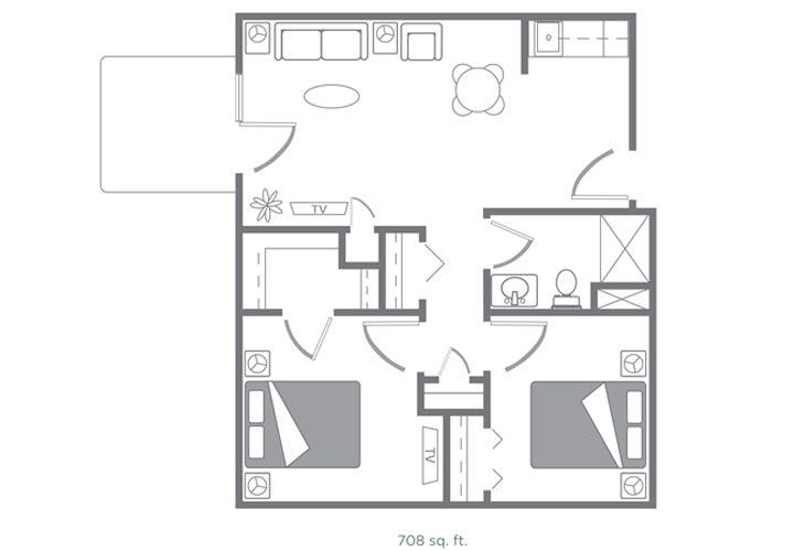 A floor plan of a two-bedroom apartment with a shared bathroom, kitchen, and living area.