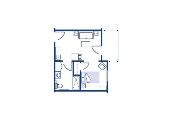 A simple floor plan of a one-bedroom apartment, featuring a living room, kitchen, bedroom, and bathroom.