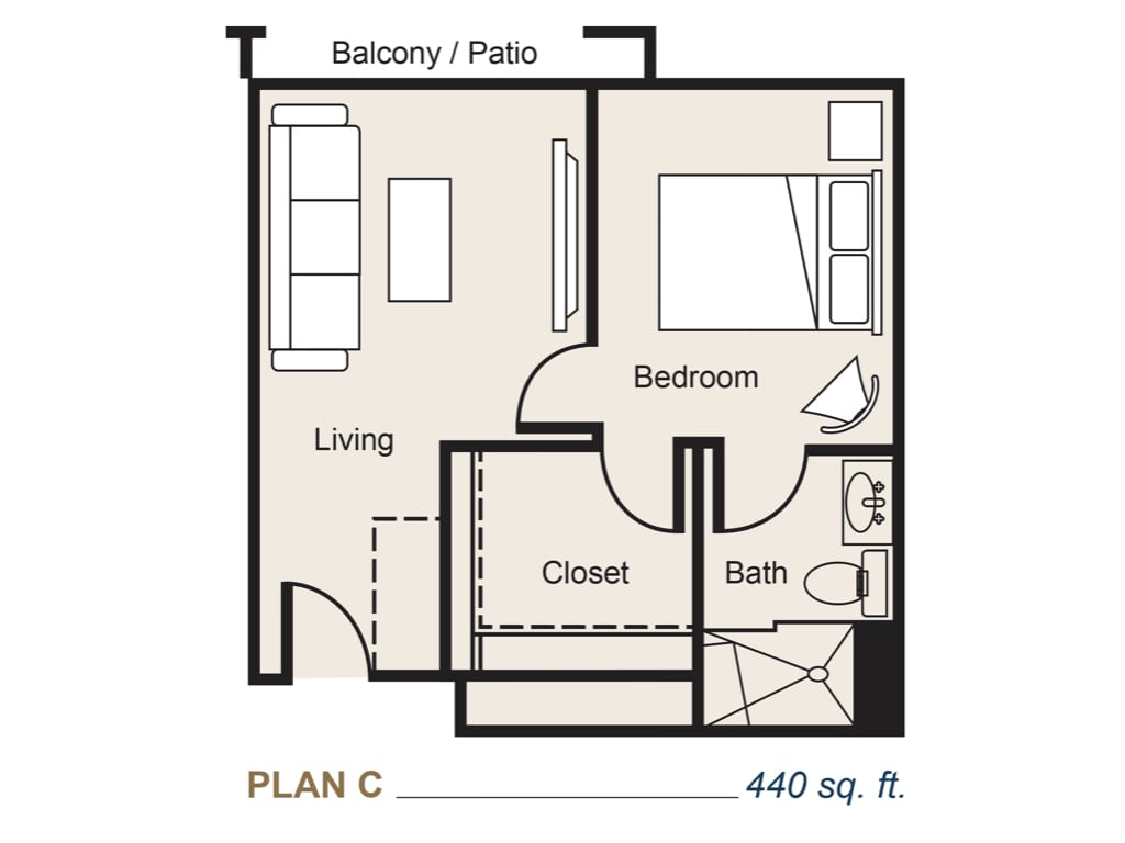 A floor plan for a 440 sq. ft. apartment featuring a living room, one bedroom, bathroom, closet, and balcony.