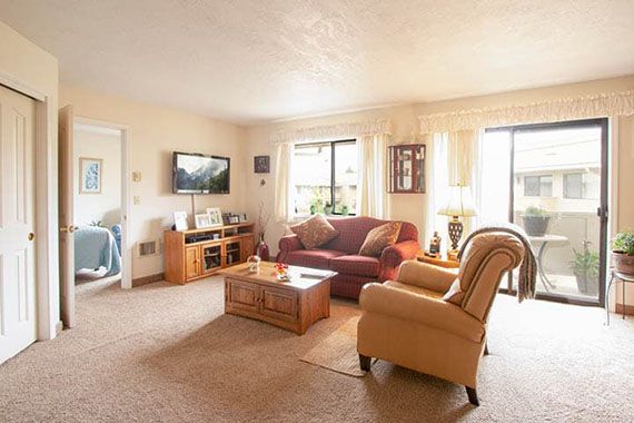 A cozy living room with a sofa, armchair, and television.
