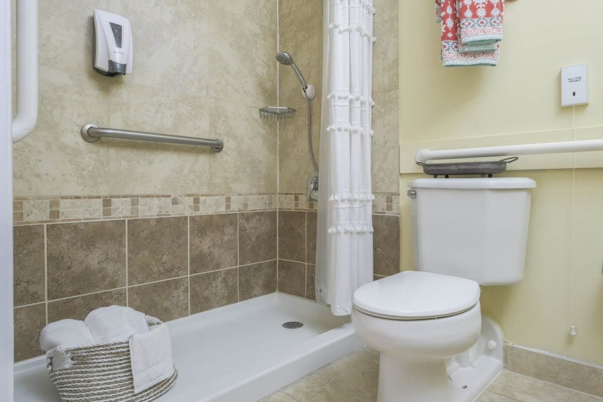 A well-equipped bathroom featuring a shower, toilet, and grab bar for accessibility.