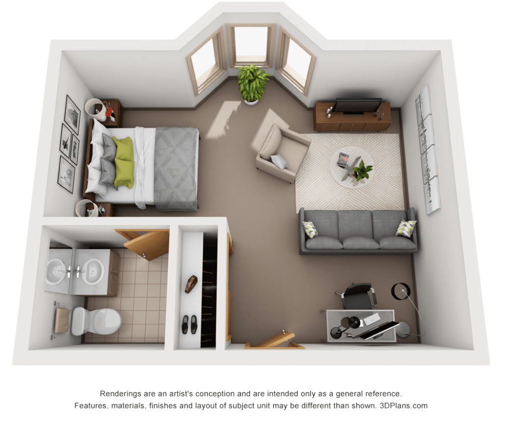 This is a 3D floor plan of a small apartment featuring a combined living and bedroom area, with an adjacent bathroom.