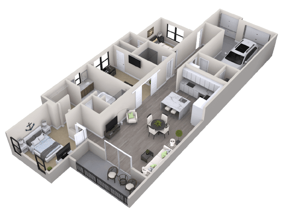 A 3D-rendered floor plan of a modern apartment layout showcasing various rooms and furnishings.