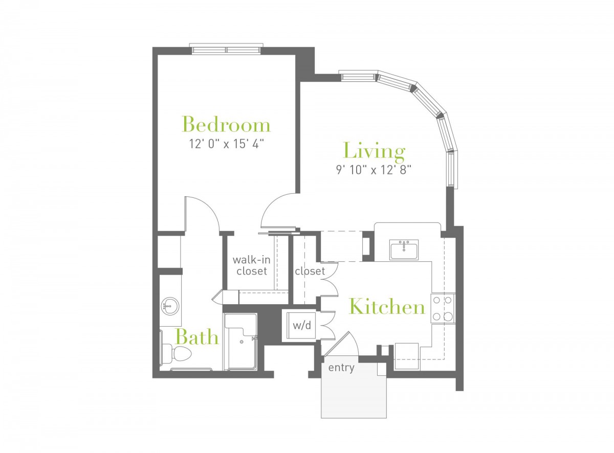 A simple floor plan of a one-bedroom apartment, including a living room, kitchen, and bathroom.