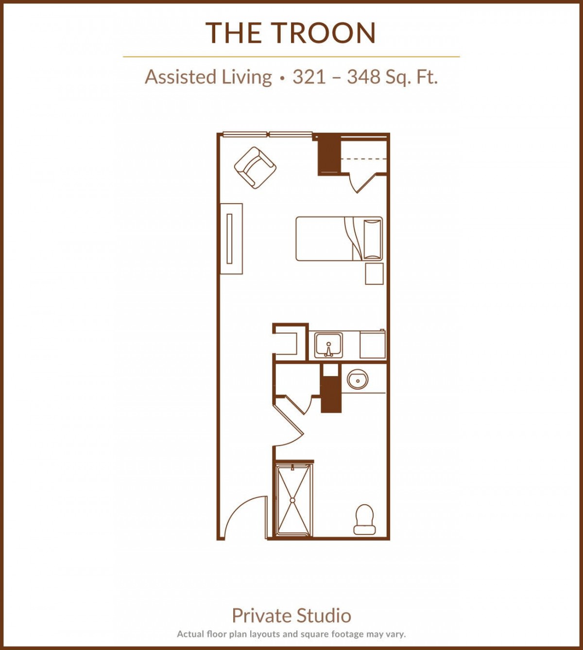 Floor plan of an assisted living studio apartment.