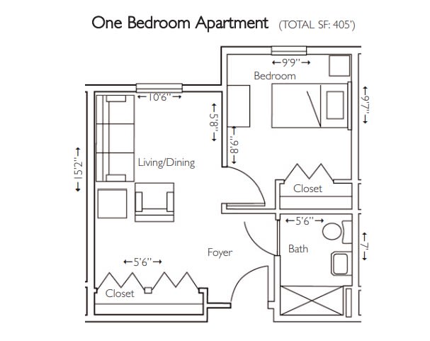 A floor plan layout of a one-bedroom apartment.