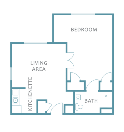 A simple floor plan of a one-bedroom apartment featuring a living area, kitchenette, bath, and bedroom.