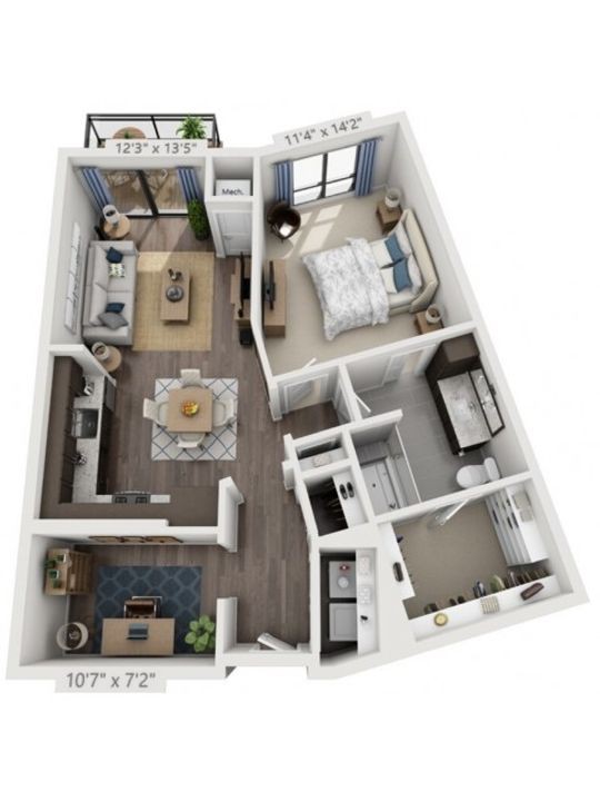 A 3D floor plan of a one-bedroom apartment featuring a living room, kitchen, bedroom, and bathroom.
