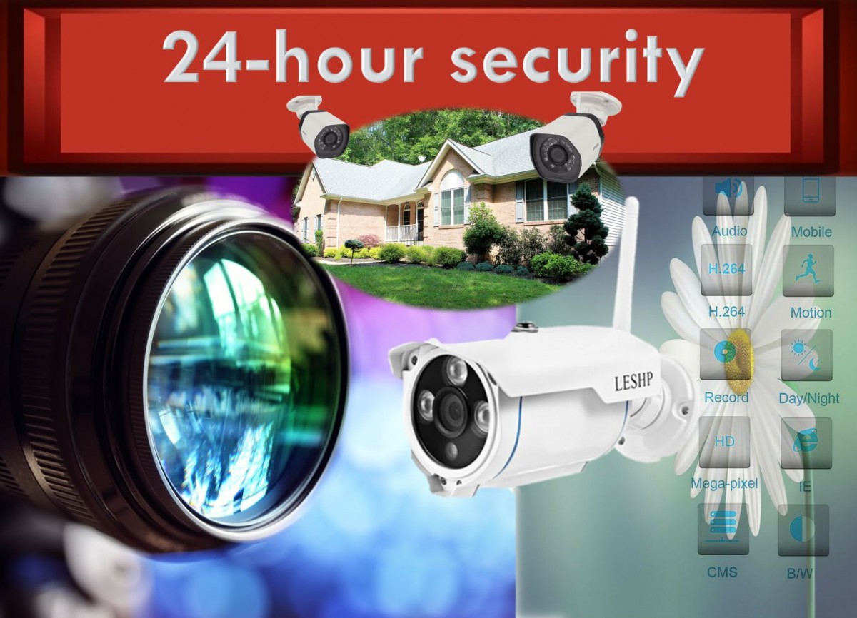 Comprehensive 24-hour security system with multiple surveillance cameras for home protection.