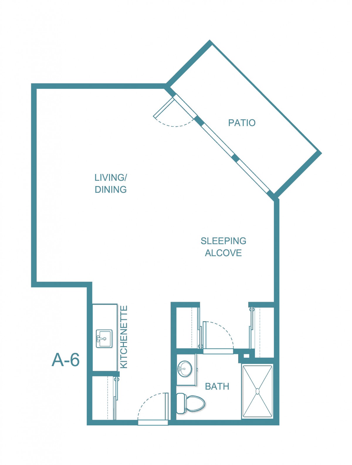 A floor plan of a studio apartment featuring a living and dining area, sleeping alcove, bathroom, kitchen, and patio.
