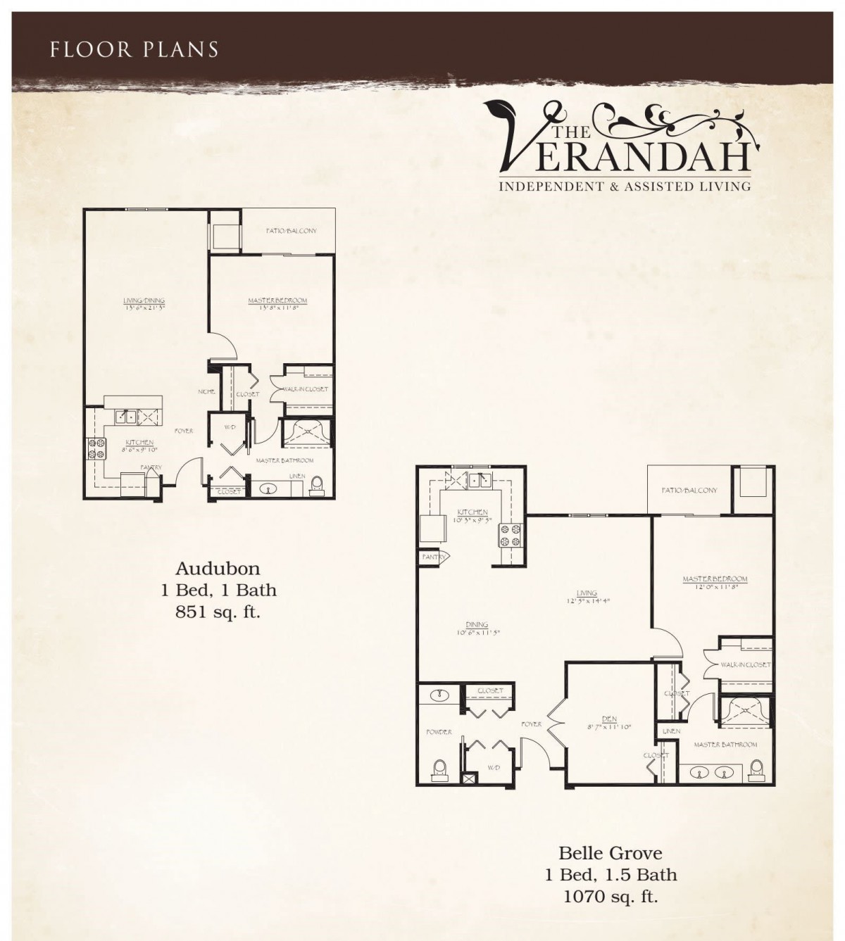 Verandah apartment floor plans featuring Azalea and Aster units.