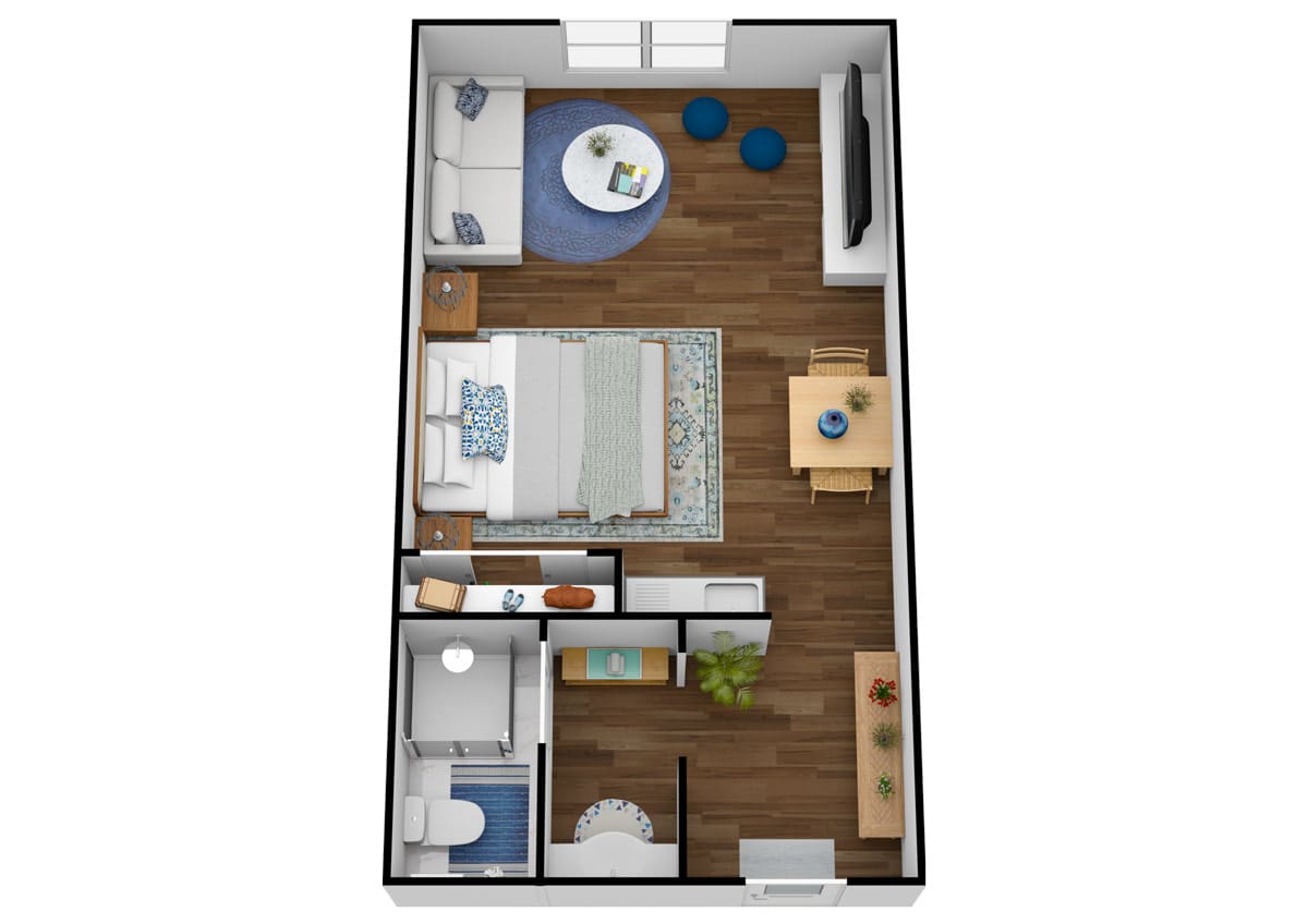 A top-down view of a compact 1-bedroom apartment floor plan, showcasing the living area, kitchen, bathroom, and bedroom.