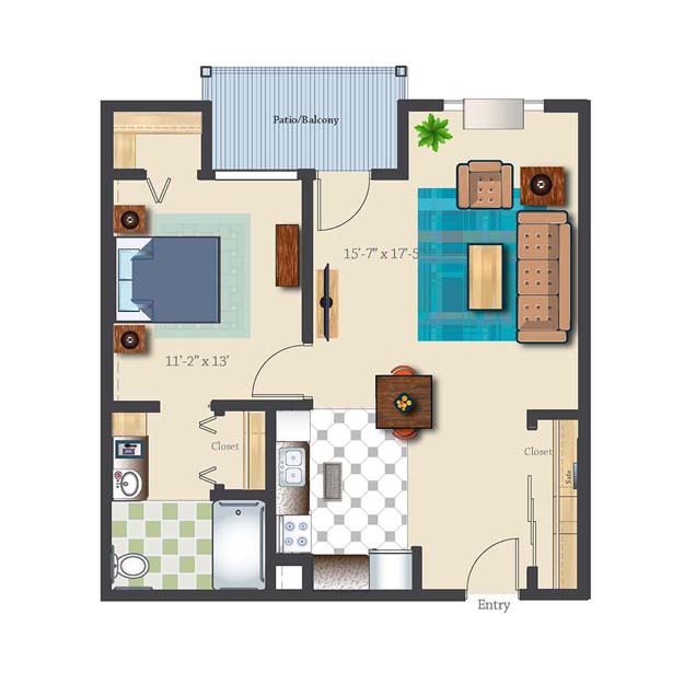 A floor plan of a one-bedroom apartment featuring a living room, kitchen, bathroom, and balcony.