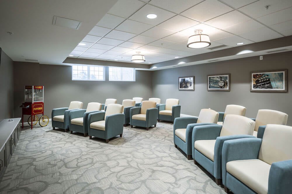 A modern meeting space with comfortable seating.