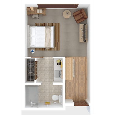 A top-down view of a small apartment floor plan featuring a bedroom and bathroom.