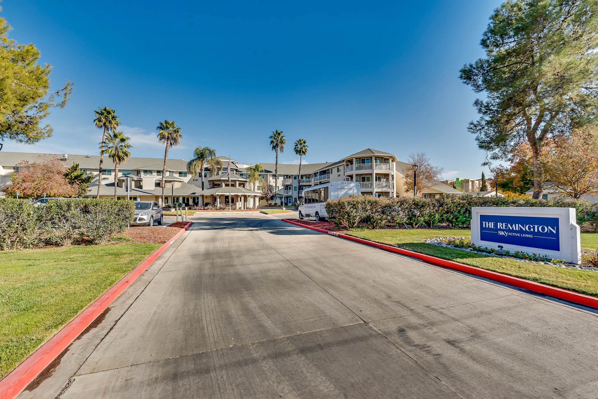 Entrance to a hotel with palm trees lining the driveway.