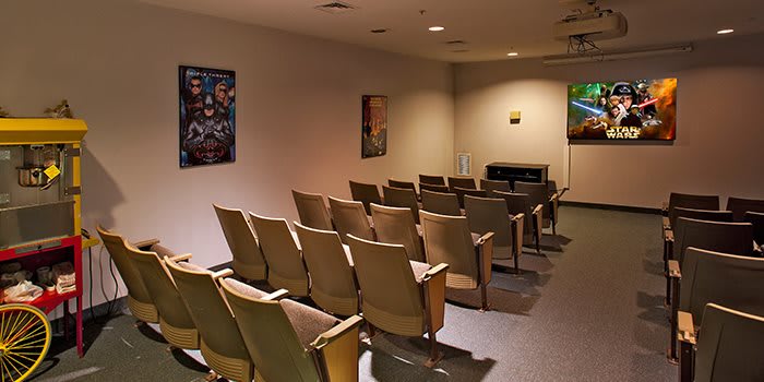 An empty small movie theater with rows of chairs and film posters on the walls.