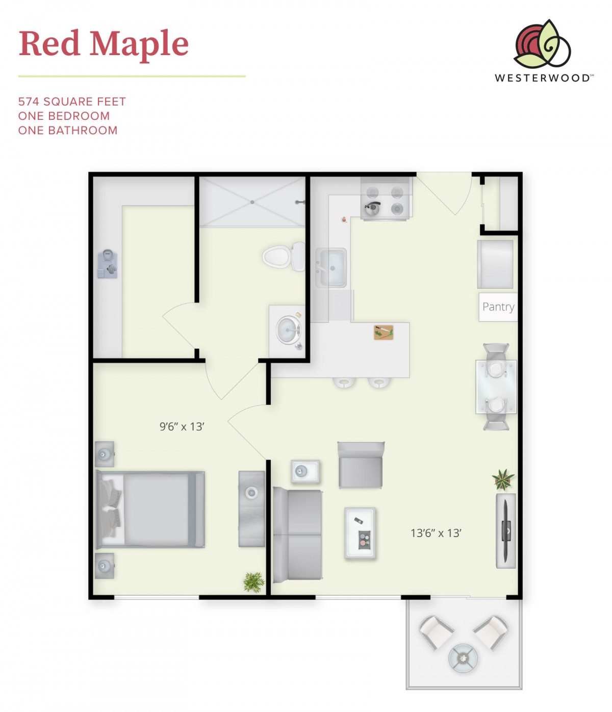 A floor plan of a modern two-bedroom apartment including living room, kitchen, and bathroom.