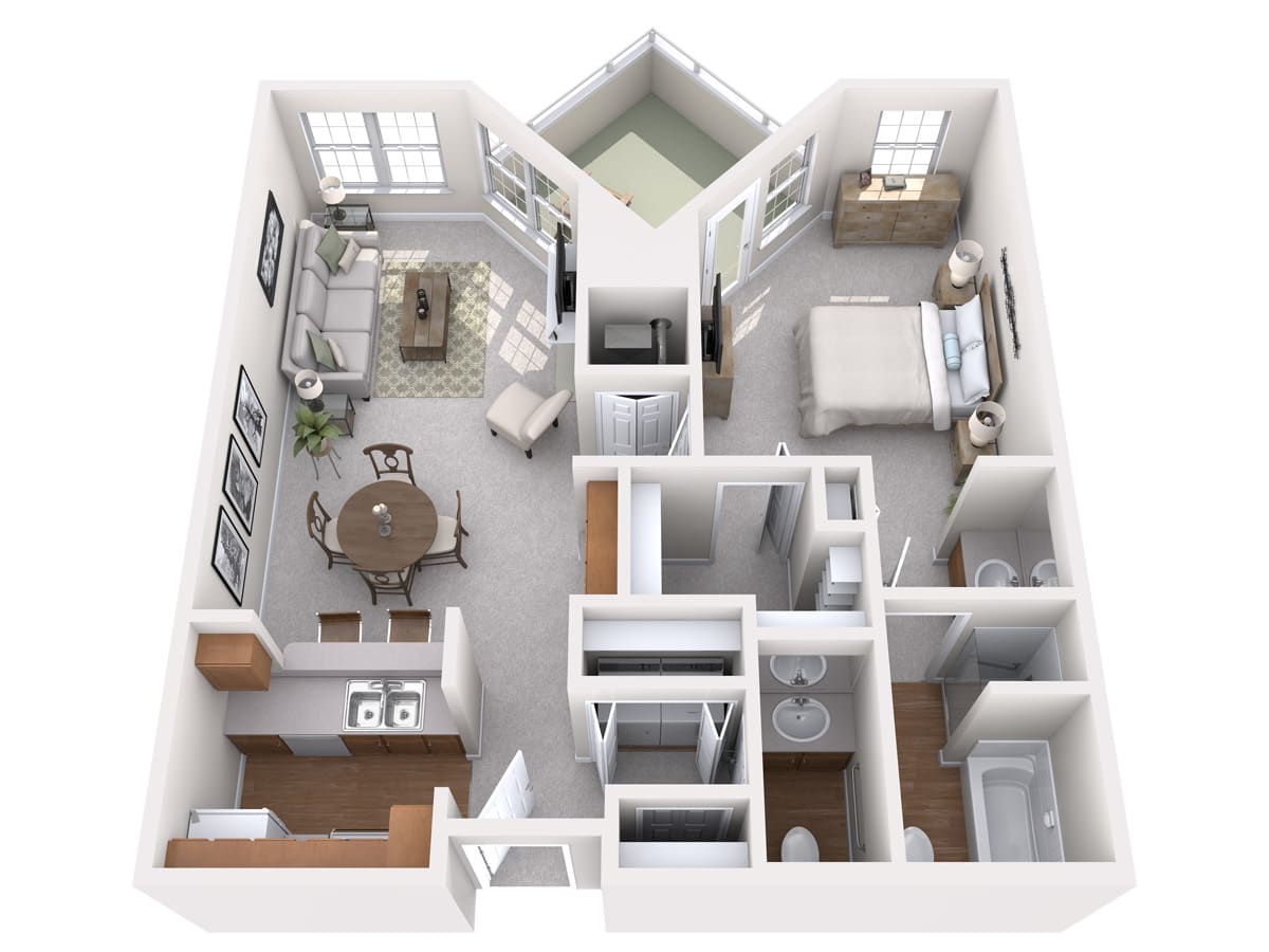 A 3D floor plan of a one-bedroom apartment featuring a kitchen, living area, dining space, bathroom, and bedroom.