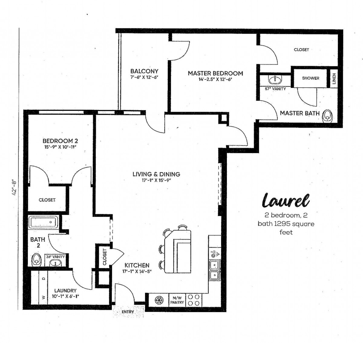 Floor plan of a two-bedroom apartment labeled 'Laurel' with designated areas for bedrooms, bathrooms, kitchen, and living space.