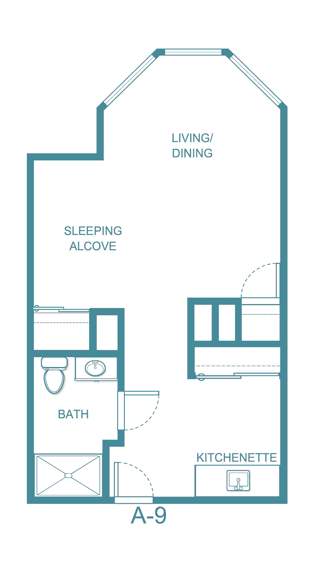 A floor plan layout for a studio apartment, featuring a living/dining area, sleeping alcove, and bathroom.