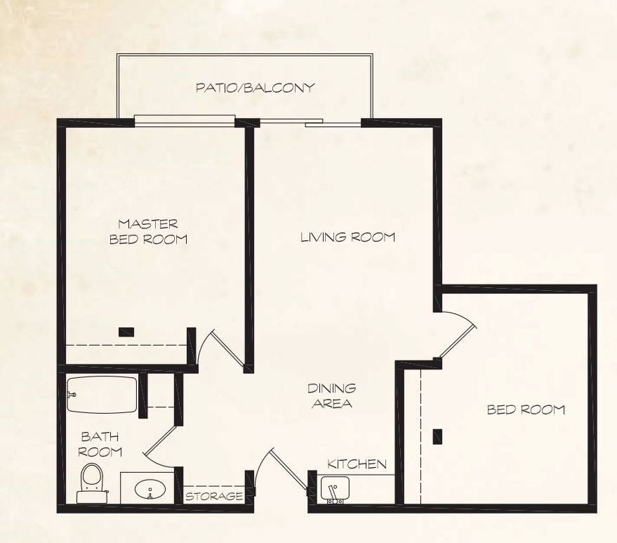A detailed floor plan of a two-bedroom apartment featuring a living room, dining area, kitchen, and balcony.