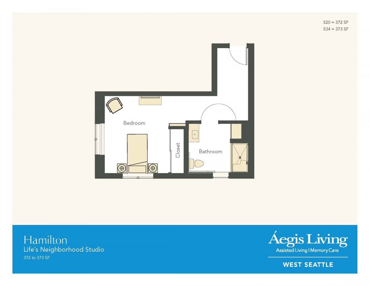 Studio apartment floor plan with designated living and sleeping areas.