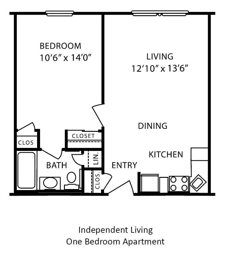 Floor plan of a one-bedroom independent living apartment, featuring designated areas for the bedroom, living room, kitchen, dining, and bathroom.
