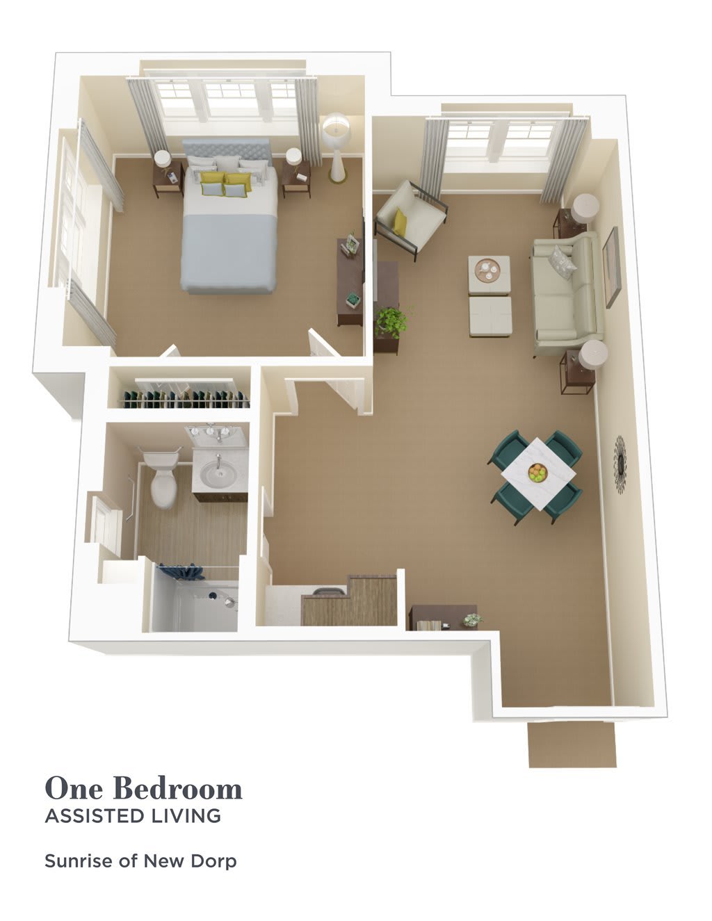 A 3D floor plan of a one-bedroom apartment with a living area, kitchen, and bathroom.