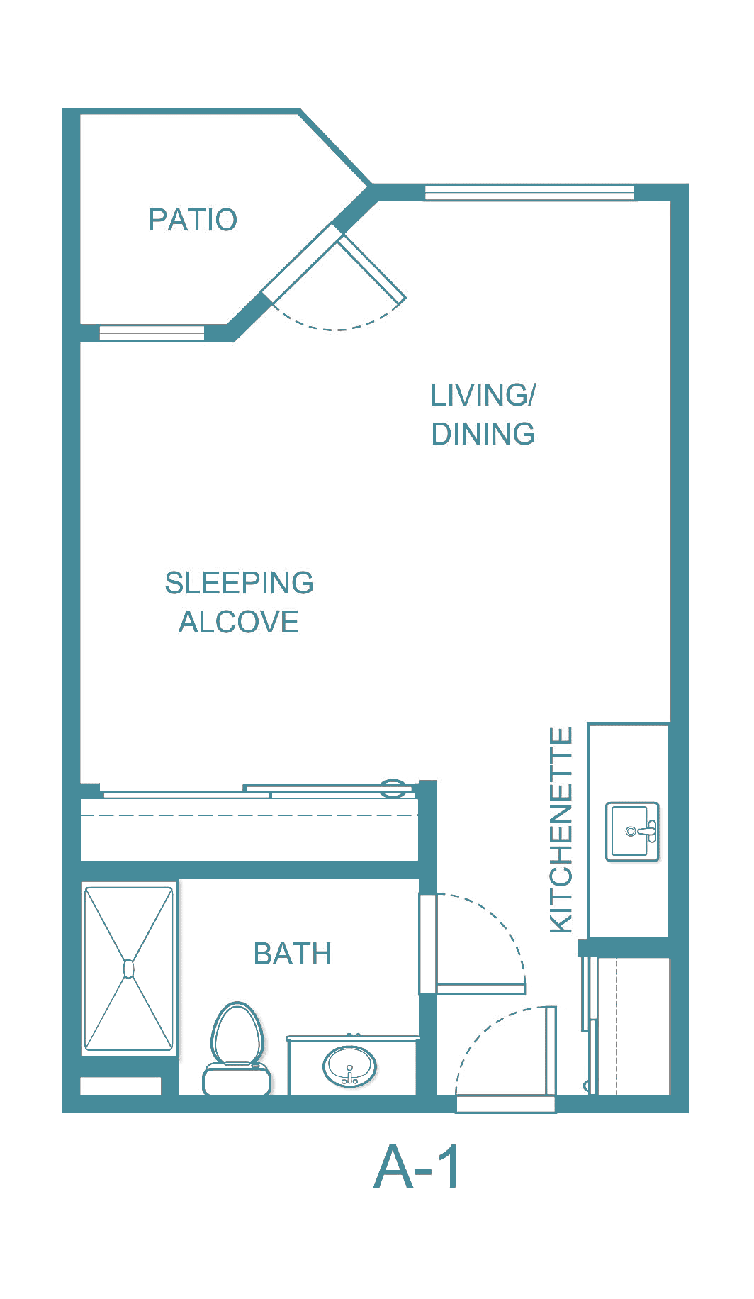 A floor plan of a studio apartment featuring a kitchenette, living/dining area, sleeping alcove, and bathroom.