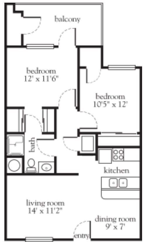 A floor plan of a two-bedroom apartment with a kitchen and a bathroom.