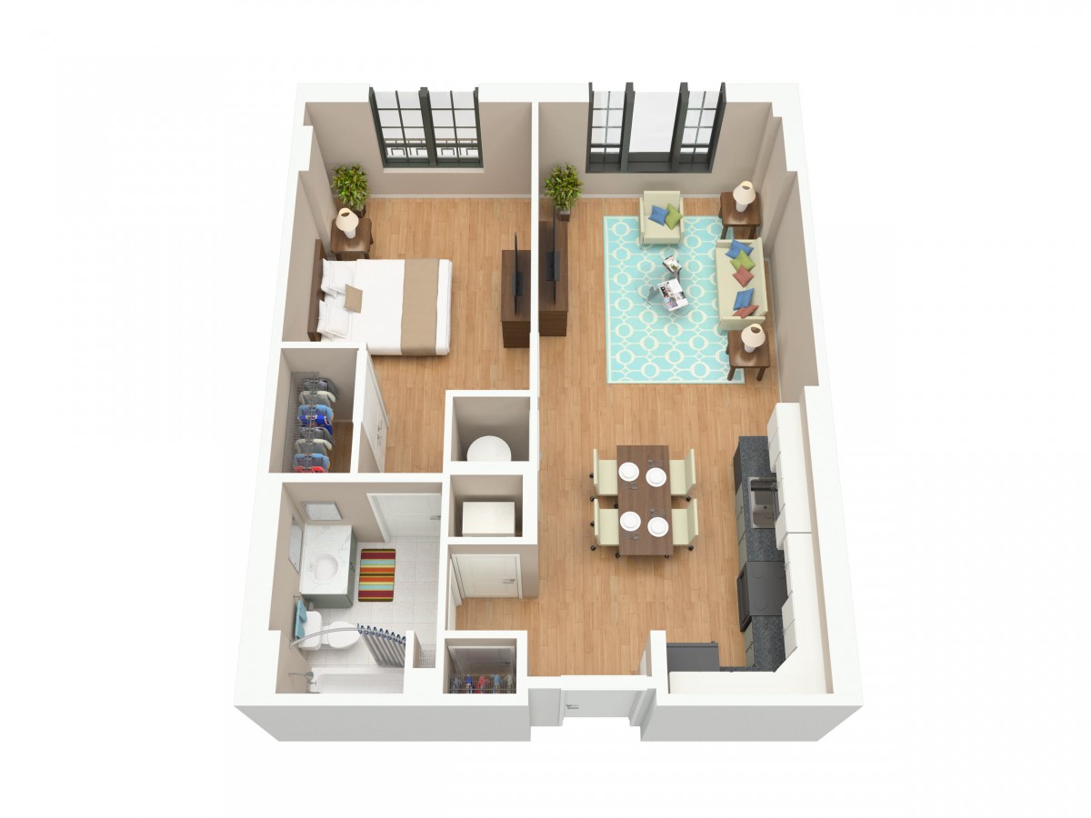 3D floor plan of a one-bedroom apartment featuring a living room, kitchen, and bathroom.