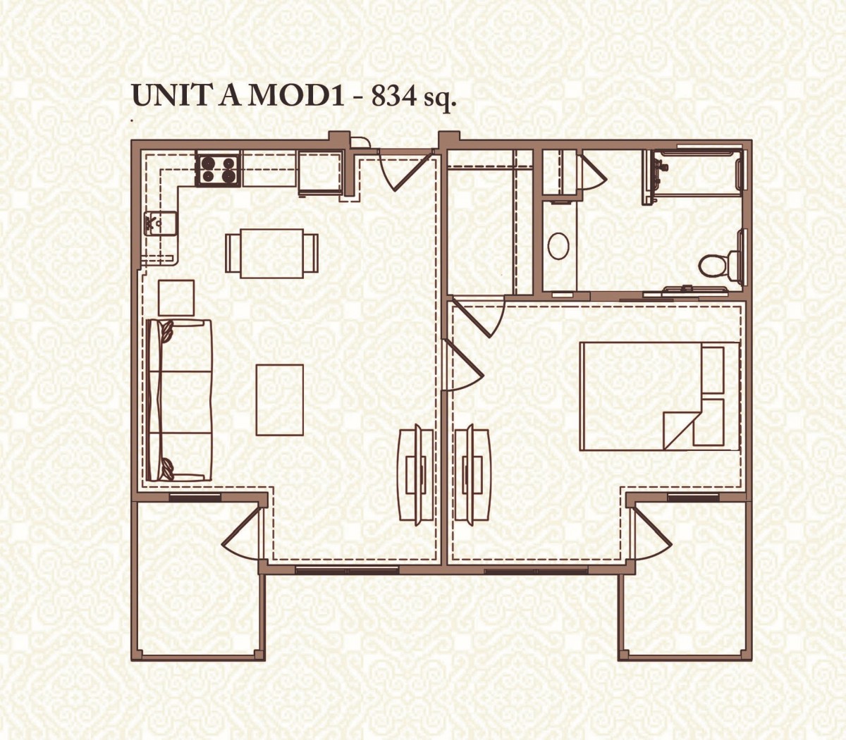 Floor plan of Unit A MOD1 - 854 sq ft, featuring a living room, bedroom, kitchen, and bathroom.