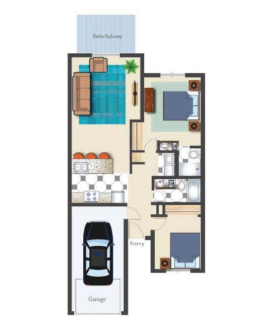 A simple house floor plan featuring a garage, two bedrooms, bathroom, kitchen, living area, and a small backyard pool.