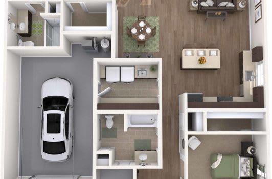 A detailed floor plan of an apartment showcasing a garage, bathroom, bedroom, kitchen, and living area.