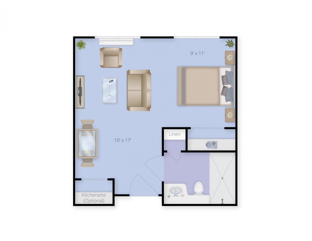 A simple one-bedroom apartment floor plan with a living room, kitchen, and bathroom.